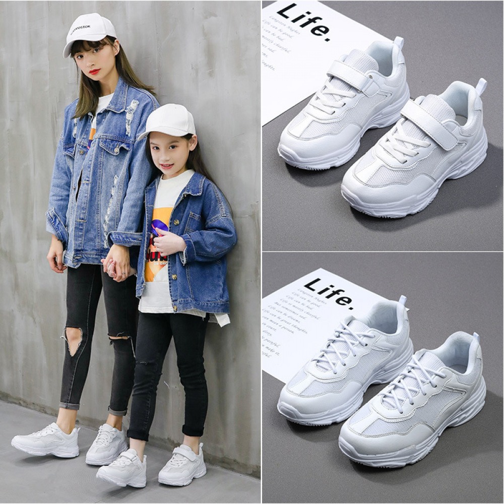 Children's White Spring New Breathable Mesh Mid-Large Casual Sports Shoes